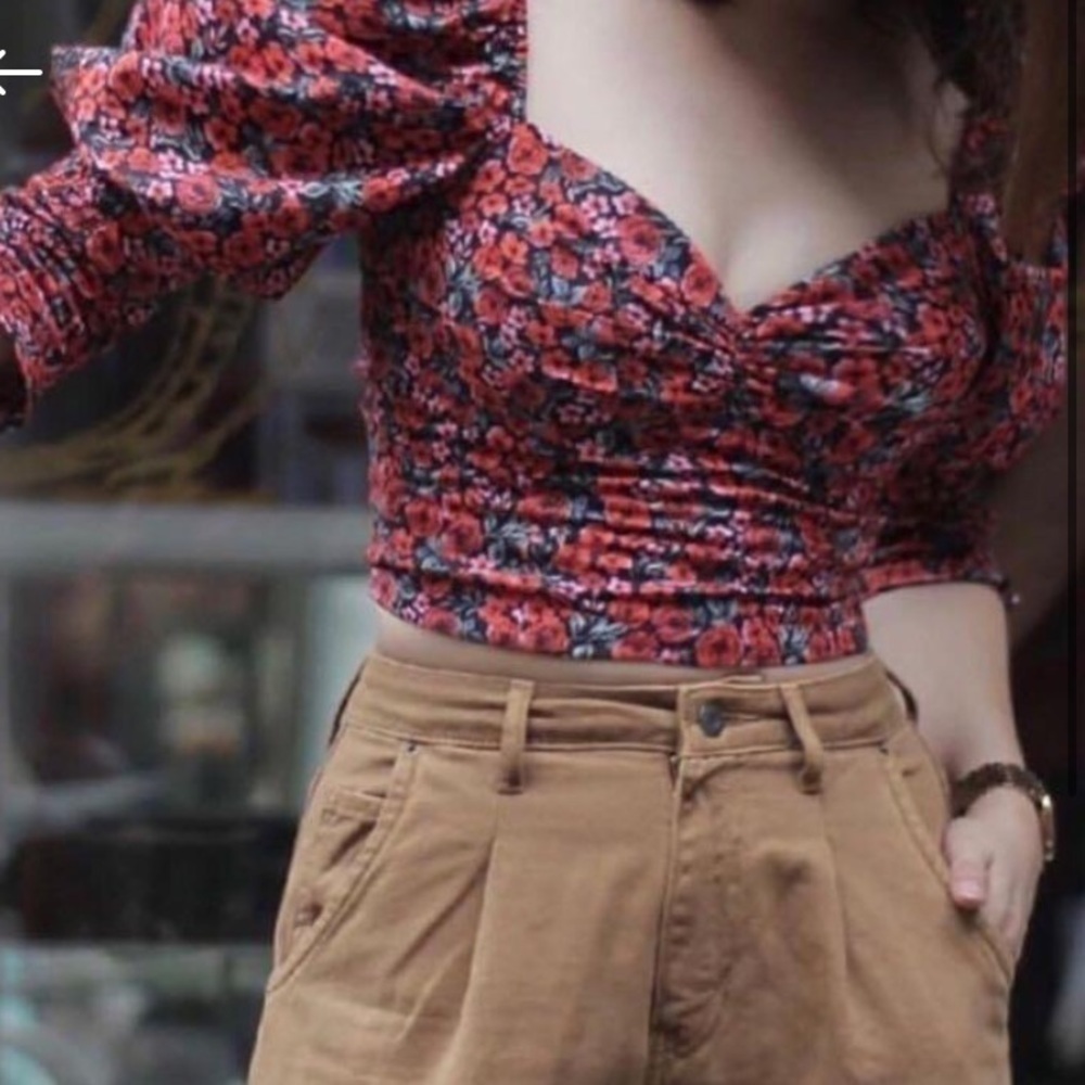 ZARA Floral Puff Sleeve Heart Shape Top Size Large